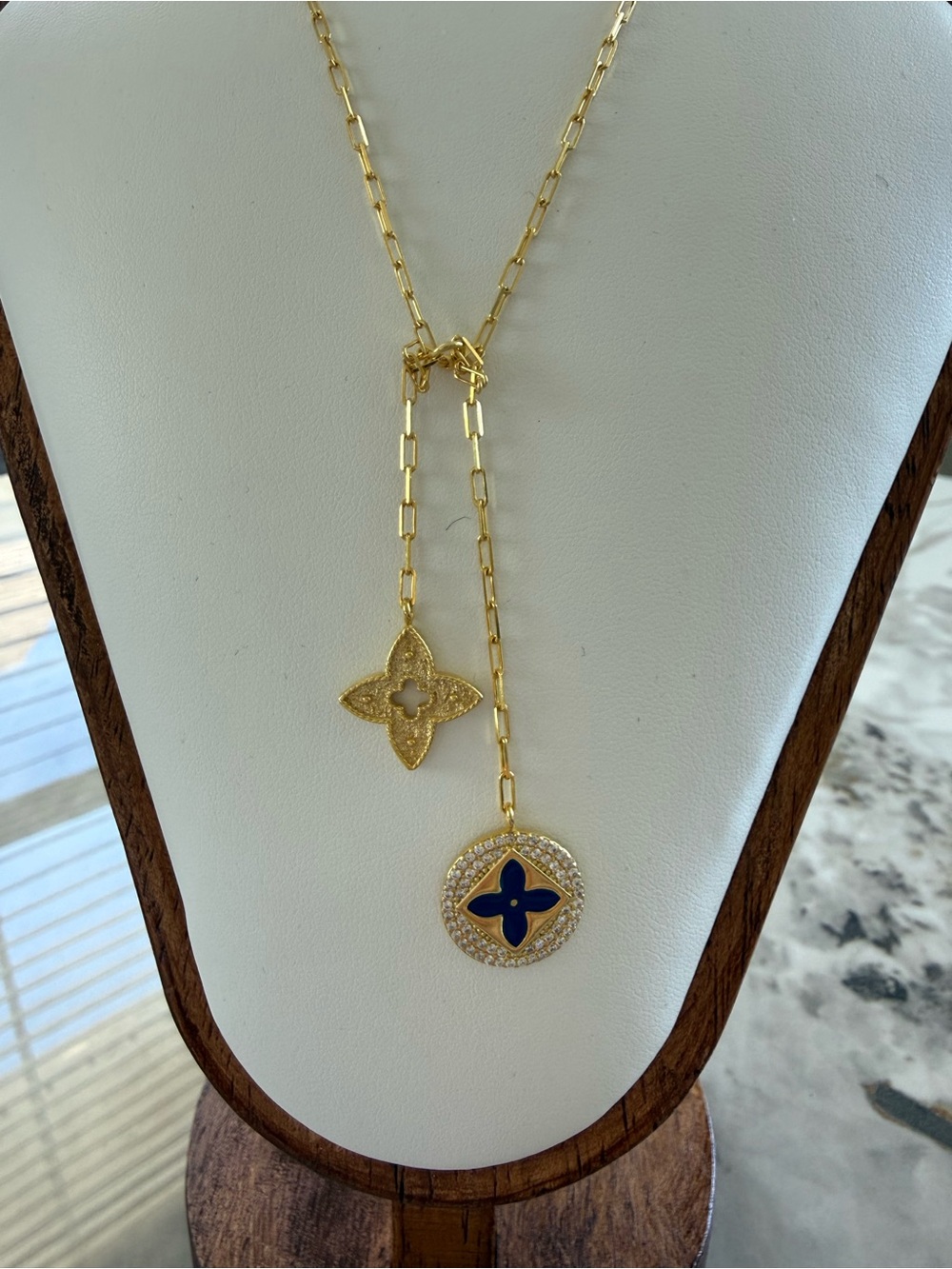 Gold Drop Necklace with Blue Enamel Medallion